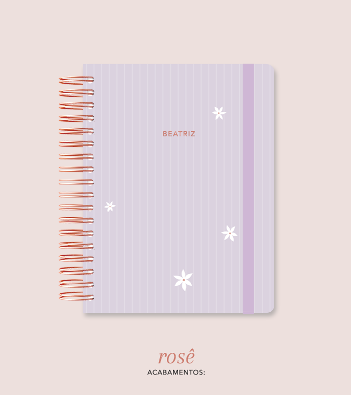 Capa + Espiral Colegial Lilás Listrado Flores Pequenas | com Bolso e Divisórias