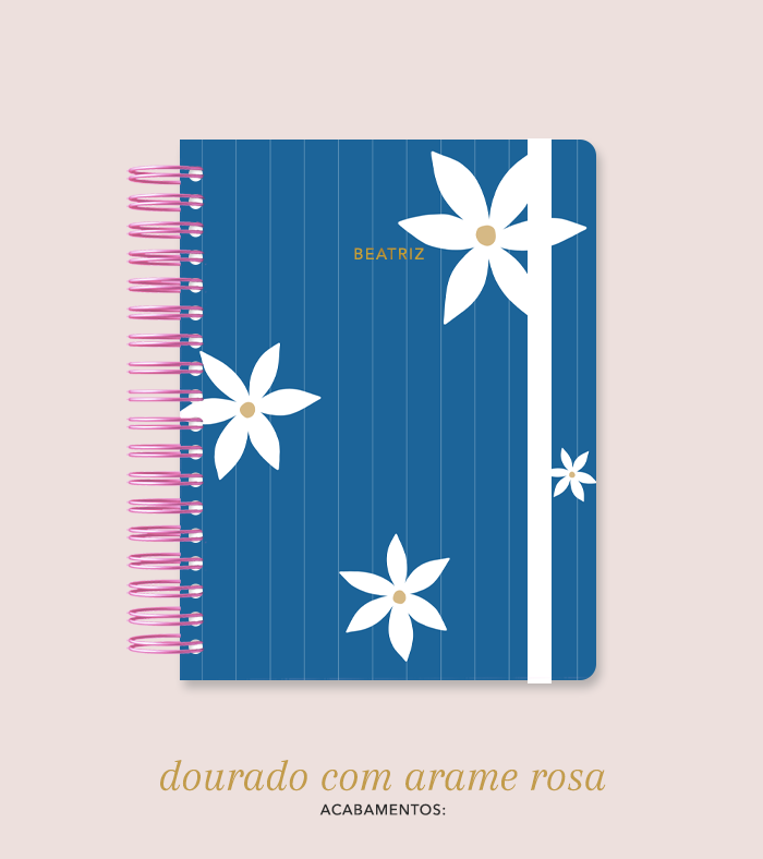 Capa + Espiral Colegial Navy Listrado Flores | com Bolso e Divisórias