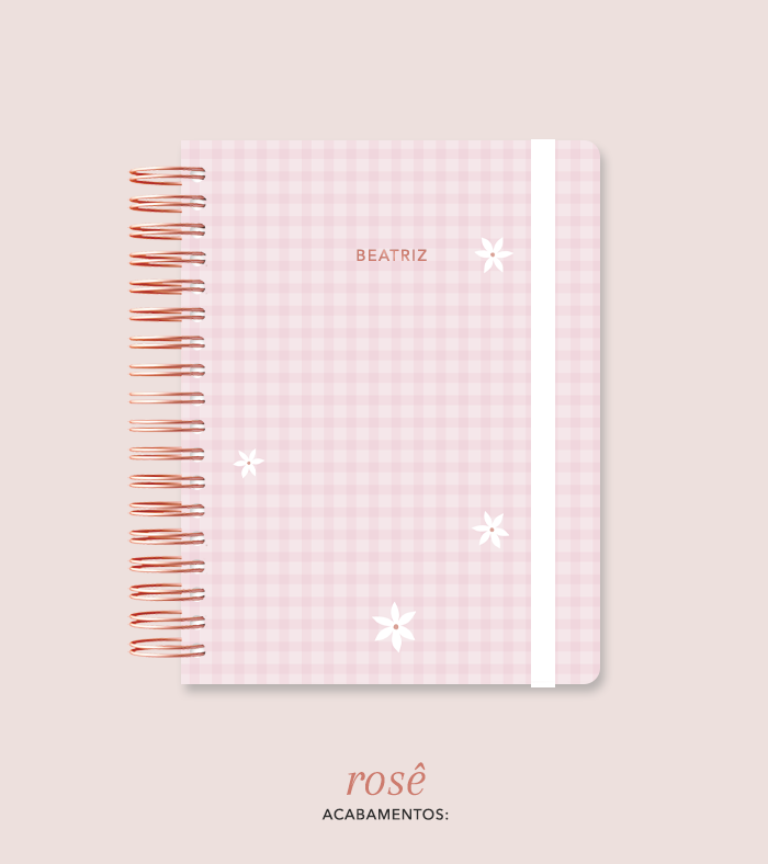 Capa + Espiral Colegial Rosa Xadrez Flores Pequenas | com Bolso e Divisórias