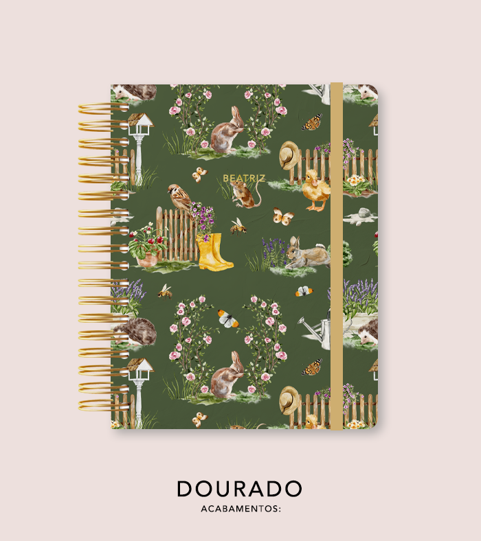Capa + Espiral Colegial Jardim Secreto Estampa Verde Escuro | com Bolso e Divisórias
