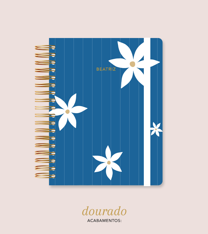 Capa + Espiral Colegial Navy Listrado Flores | com Bolso e Divisórias