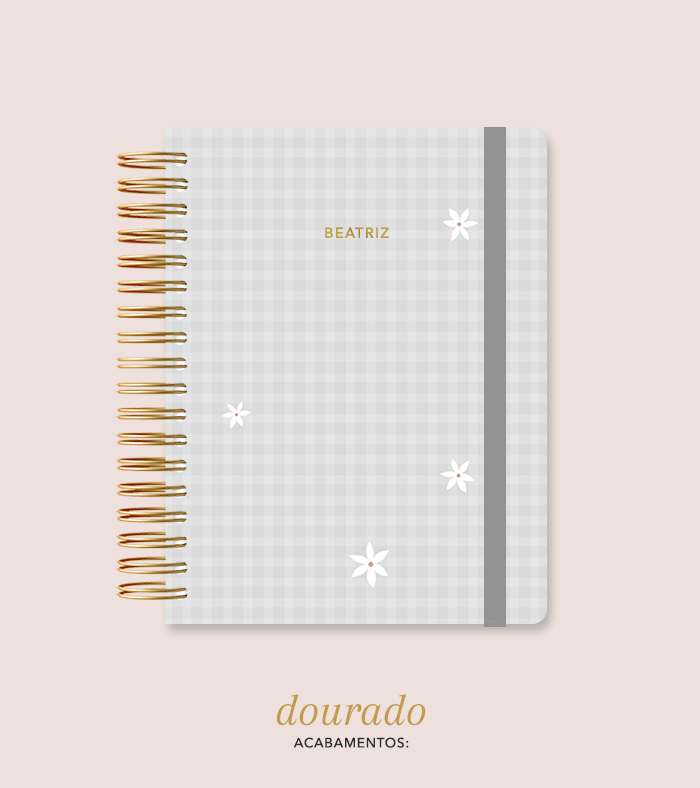Capa + Espiral Colegial Cinza Xadrez Flores | com Bolso e Divisórias