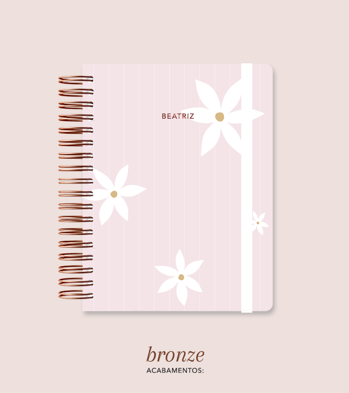 Capa + Espiral Colegial Rosa Listrado Flores Grandes | com Bolso e Divisórias