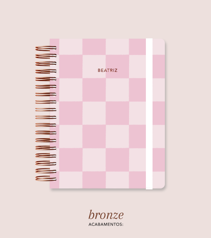 Capa + Espiral Colegial Rosa Checkered | com Bolso e Divisórias