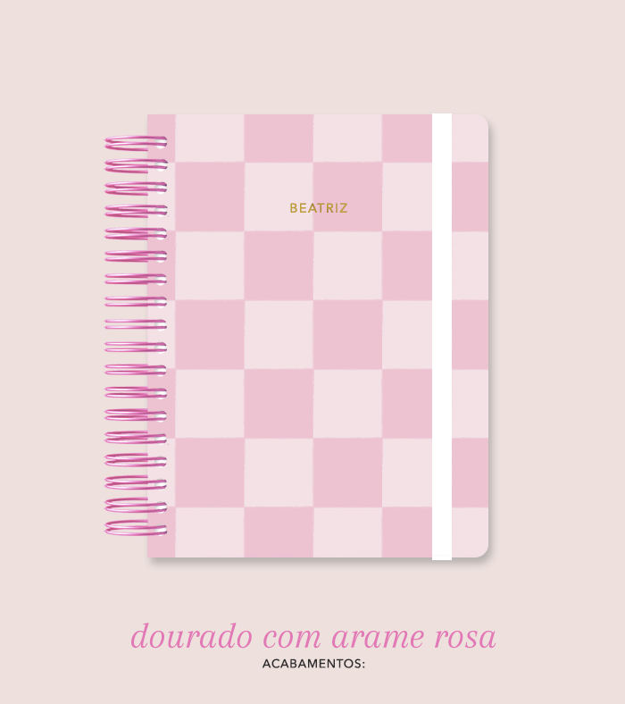 Capa + Espiral Colegial Rosa Checkered | com Bolso e Divisórias