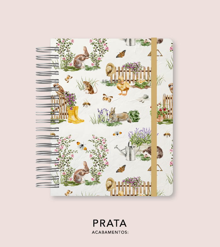 Capa + Espiral Colegial Jardim Secreto Estampa Branco | com Bolso e Divisórias