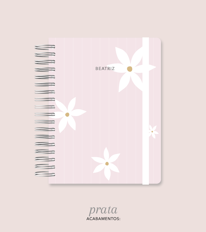 Capa + Espiral Colegial Rosa Listrado Flores Grandes | com Bolso e Divisórias
