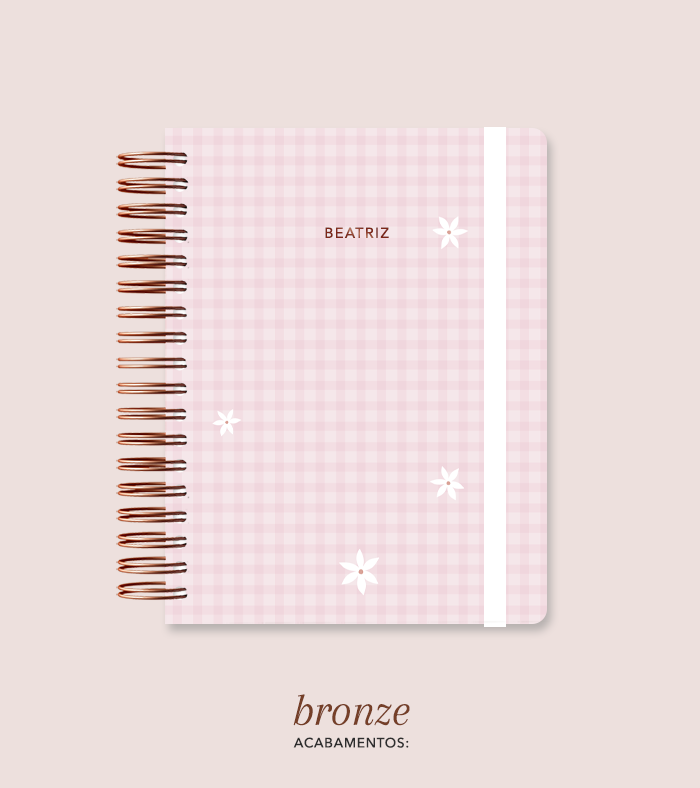 Capa + Espiral Colegial Rosa Xadrez Flores Pequenas | com Bolso e Divisórias