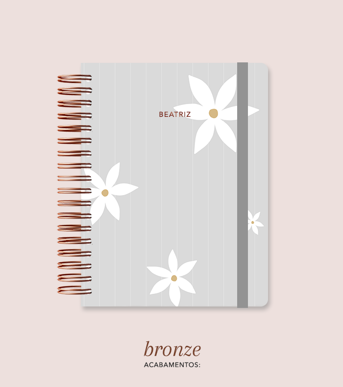 Capa + Espiral Colegial Cinza Listrado Flores | com Bolso e Divisórias