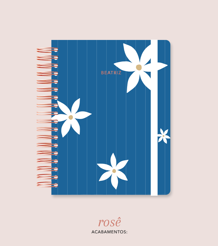 Capa + Espiral Colegial Navy Listrado Flores | com Bolso e Divisórias