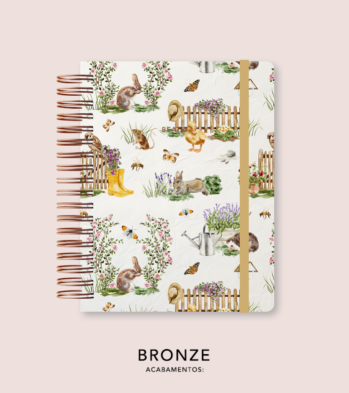 Capa + Espiral Colegial Jardim Secreto Estampa Branco | com Bolso e Divisórias