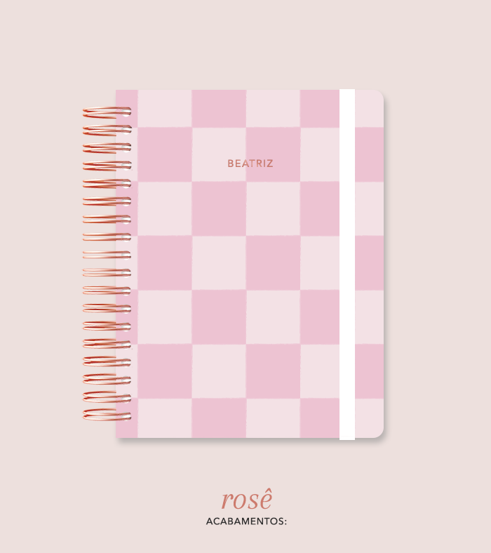 Capa + Espiral Colegial Rosa Checkered | com Bolso e Divisórias
