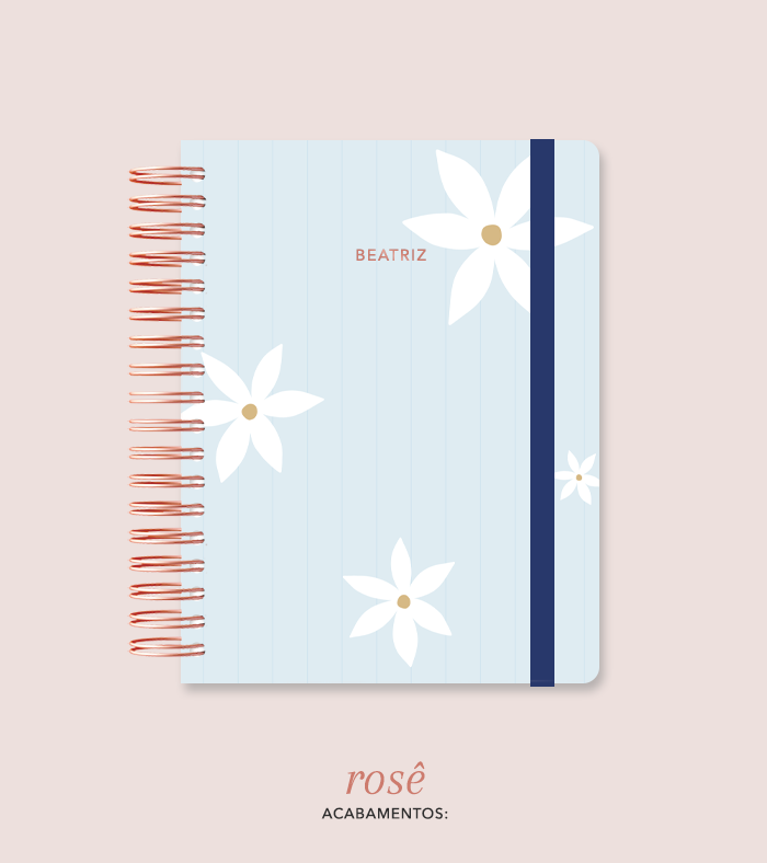 Capa + Espiral Colegial Azul Listrado Flores | com Bolso e Divisórias