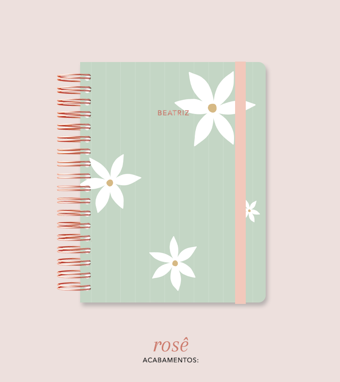 Capa + Espiral Colegial Verde Listrado Flores Grandes | com Bolso e Divisórias