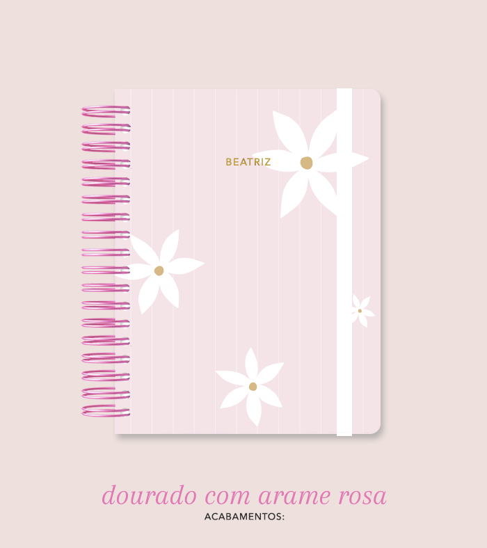 Capa + Espiral Colegial Rosa Listrado Flores Grandes | com Bolso e Divisórias