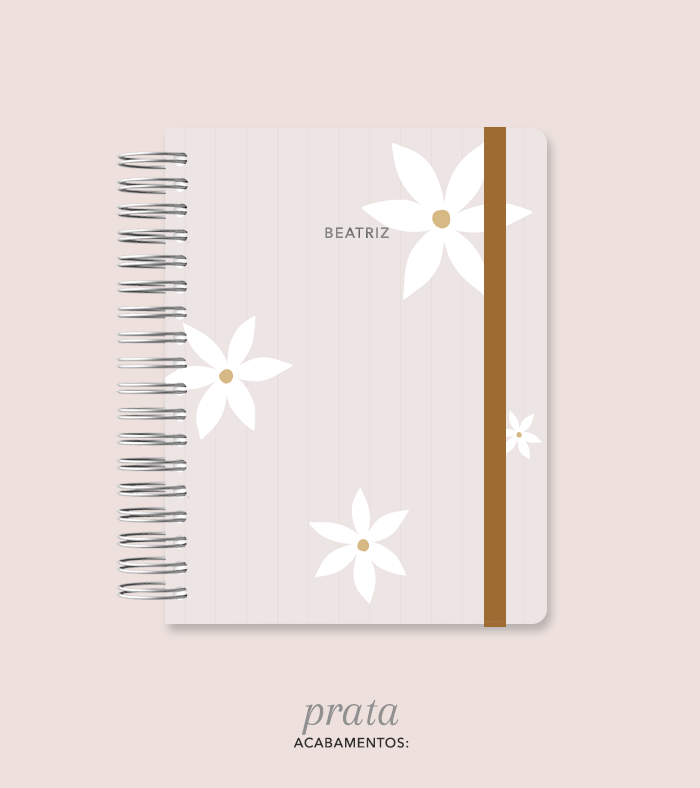 Capa + Espiral Colegial Marrom Listrado Flores | com Bolso e Divisórias