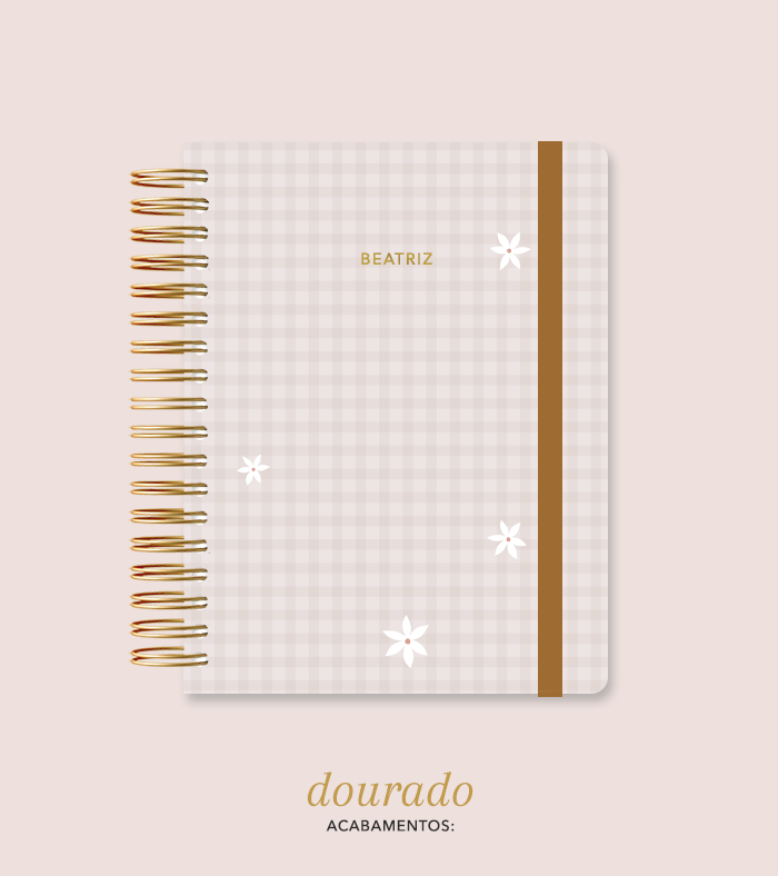 Capa + Espiral Colegial Marrom Xadrez Flores | com Bolso e Divisórias