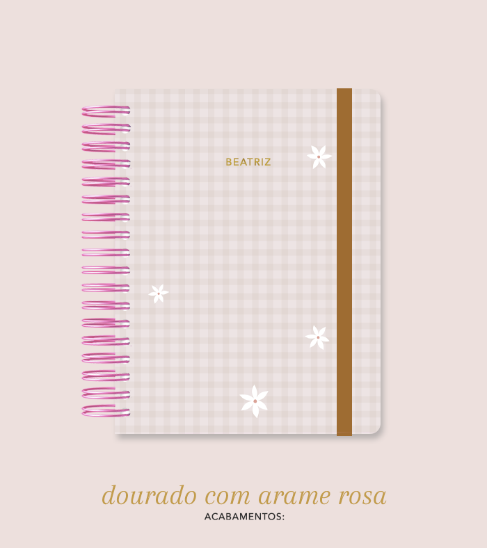 Capa + Espiral Colegial Marrom Xadrez Flores | com Bolso e Divisórias