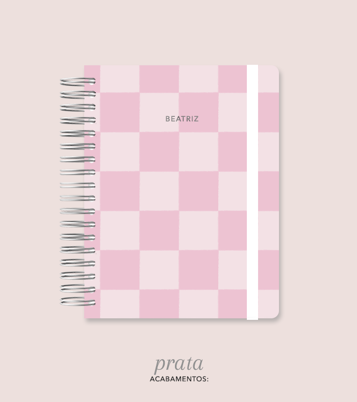 Capa + Espiral Colegial Rosa Checkered | com Bolso e Divisórias