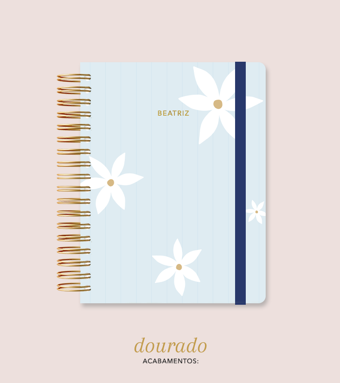 Capa + Espiral Colegial Azul Listrado Flores | com Bolso e Divisórias