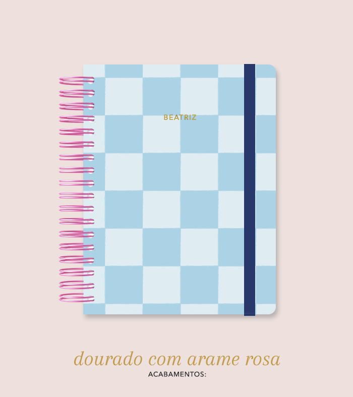 Capa + Espiral Colegial Azul Checkered | com Bolso e Divisórias