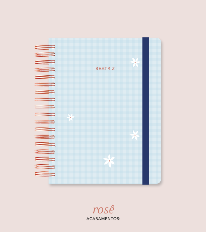 Capa + Espiral Colegial Azul Xadrez Flores | com Bolso e Divisórias