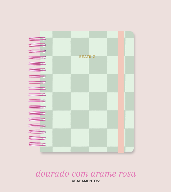 Capa + Espiral Colegial Verde Checkered | com Bolso e Divisórias