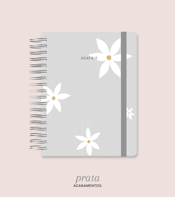 Capa + Espiral Colegial Cinza Listrado Flores | com Bolso e Divisórias