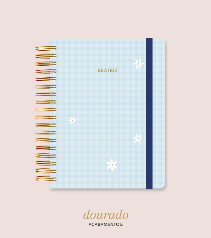 Capa + Espiral Colegial Azul Xadrez Flores | com Bolso e Divisórias
