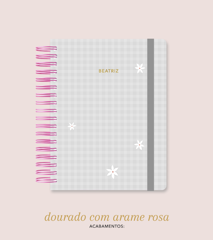 Capa + Espiral Colegial Cinza Xadrez Flores | com Bolso e Divisórias
