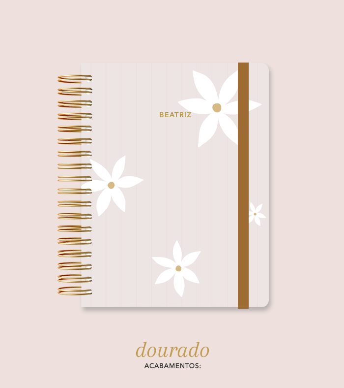 Capa + Espiral Colegial Marrom Listrado Flores | com Bolso e Divisórias