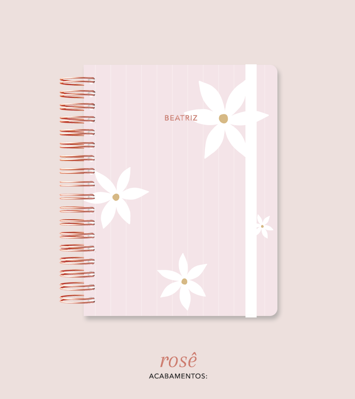 Capa + Espiral Colegial Rosa Listrado Flores Grandes | com Bolso e Divisórias