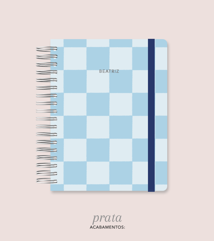 Capa + Espiral Colegial Azul Checkered | com Bolso e Divisórias