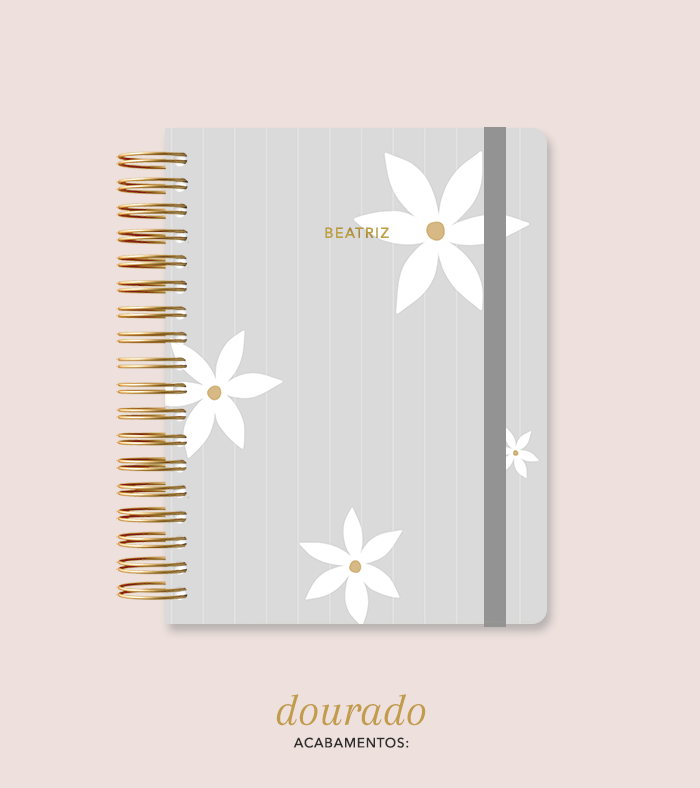 Capa + Espiral Colegial Cinza Listrado Flores | com Bolso e Divisórias