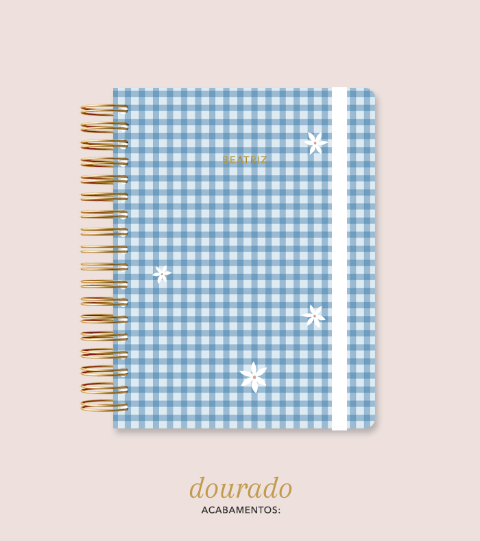 Capa + Espiral Colegial Navy Xadrez Flores | com Bolso e Divisórias