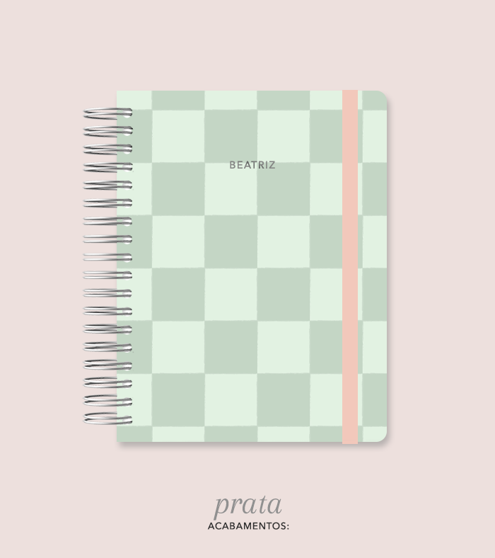 Capa + Espiral Colegial Verde Checkered | com Bolso e Divisórias