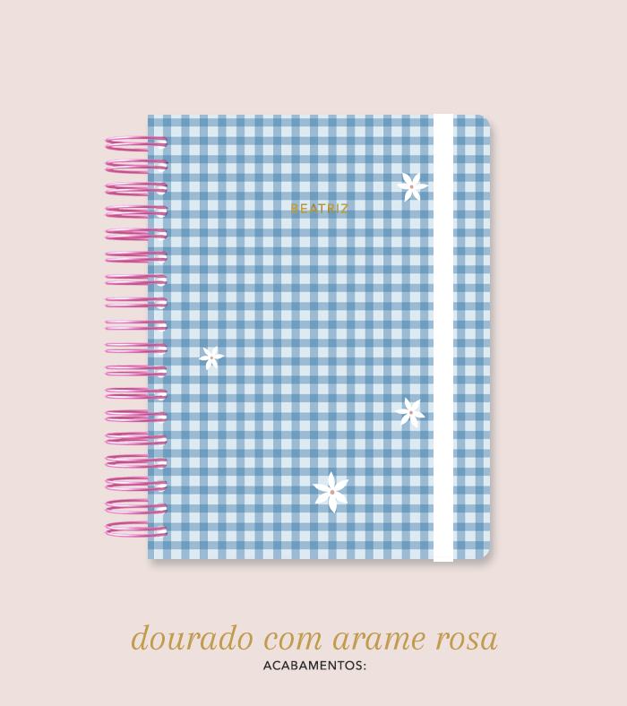 Capa + Espiral Colegial Navy Xadrez Flores | com Bolso e Divisórias