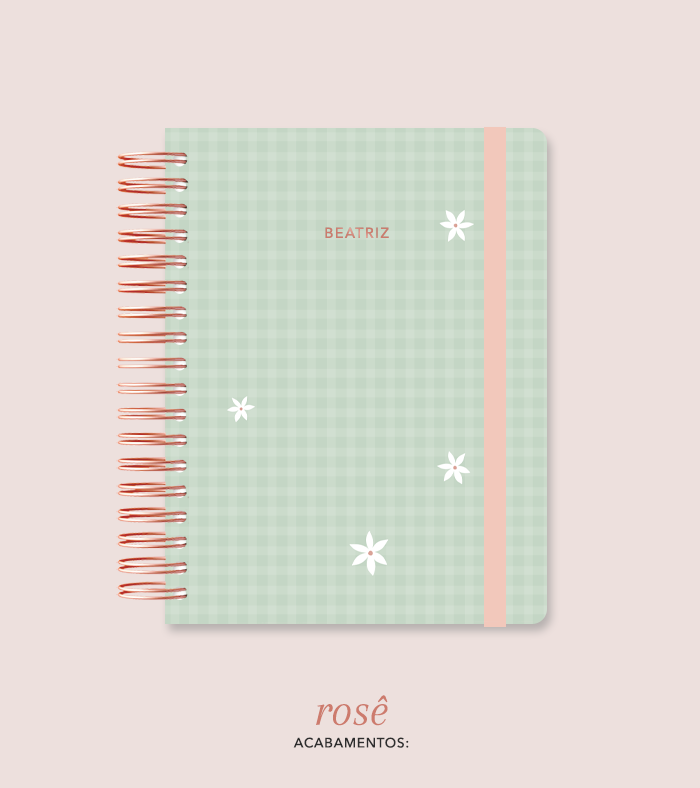 Capa + Espiral Colegial Verde Xadrez Flores | com Bolso e Divisórias