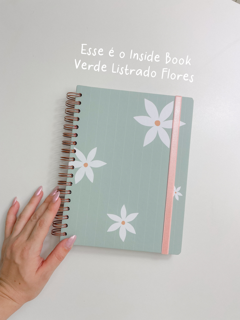 Capa + Espiral Colegial Verde Listrado Flores Grandes | com Bolso e Divisórias