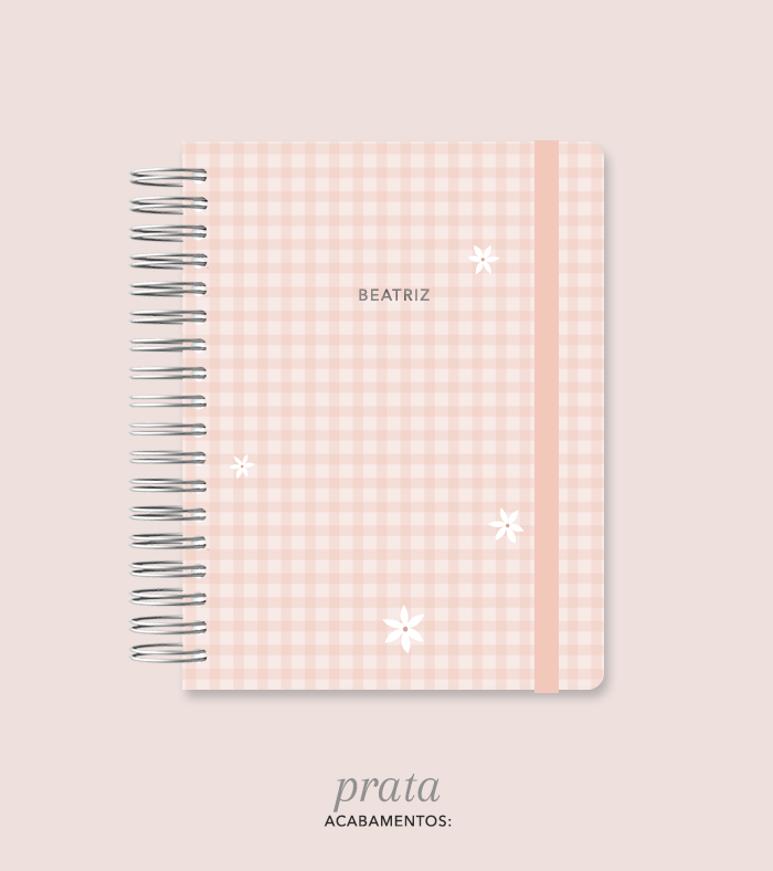 Capa + Espiral Colegial Pêssego Xadrez Flores Pequenas | com Bolso e Divisórias