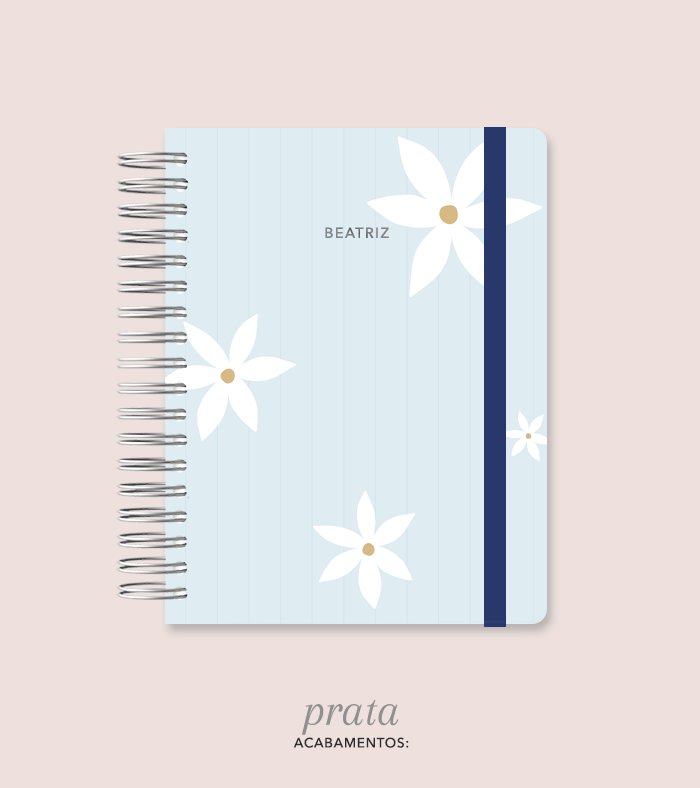 Capa + Espiral Colegial Azul Listrado Flores | com Bolso e Divisórias