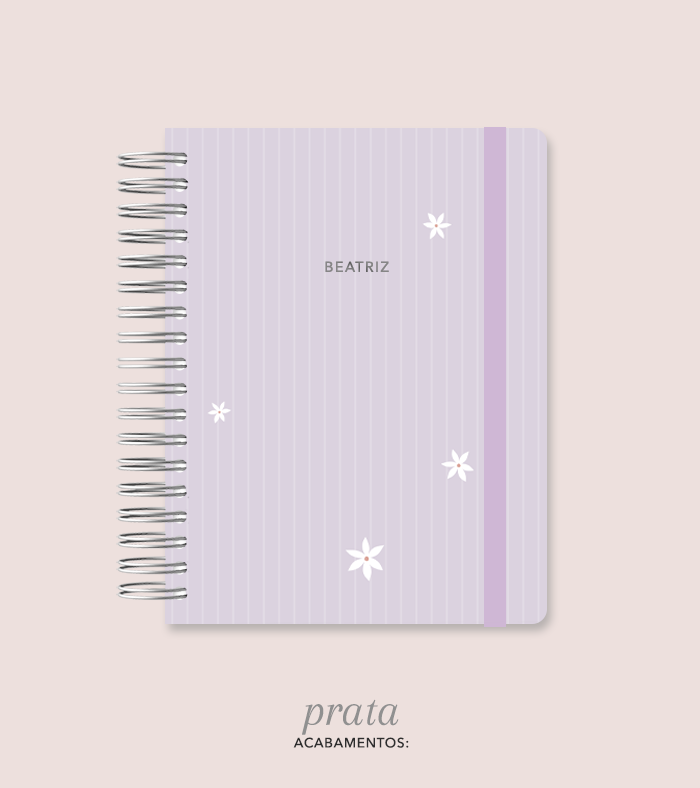 Capa + Espiral Colegial Lilás Listrado Flores Pequenas | com Bolso e Divisórias