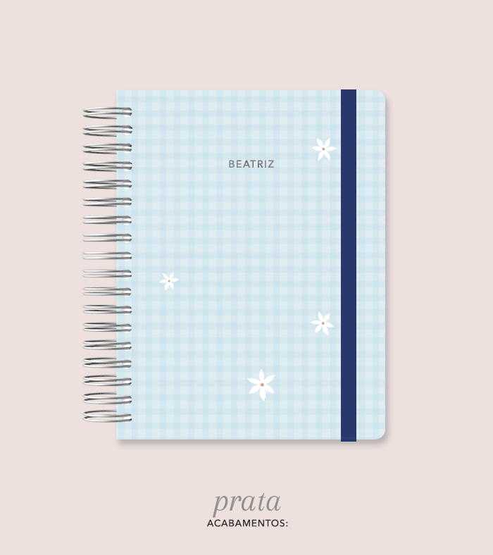 Capa + Espiral Colegial Azul Xadrez Flores | com Bolso e Divisórias