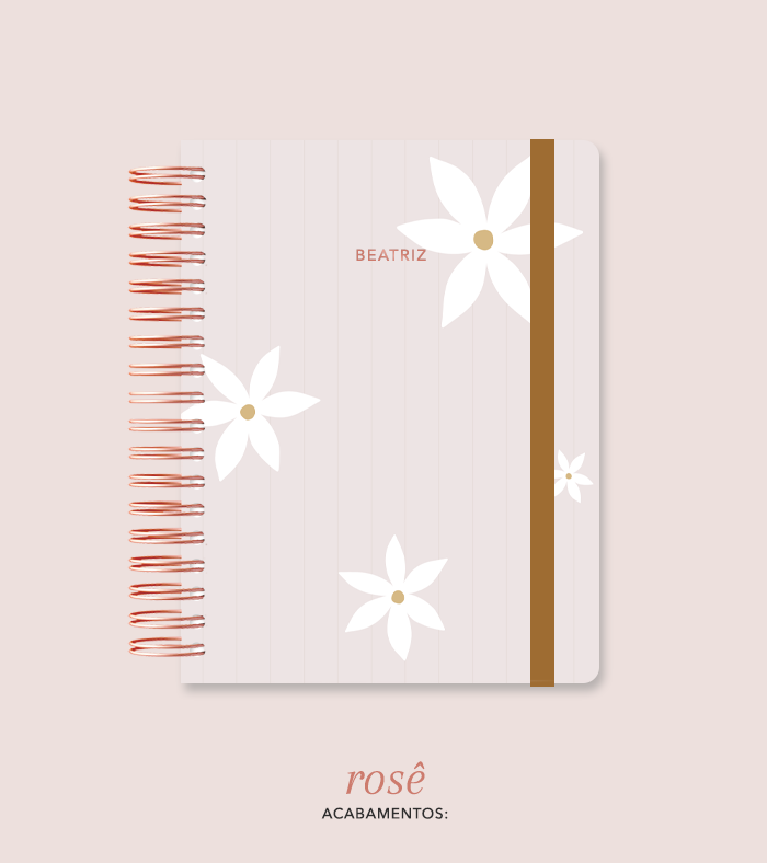 Capa + Espiral Colegial Marrom Listrado Flores | com Bolso e Divisórias