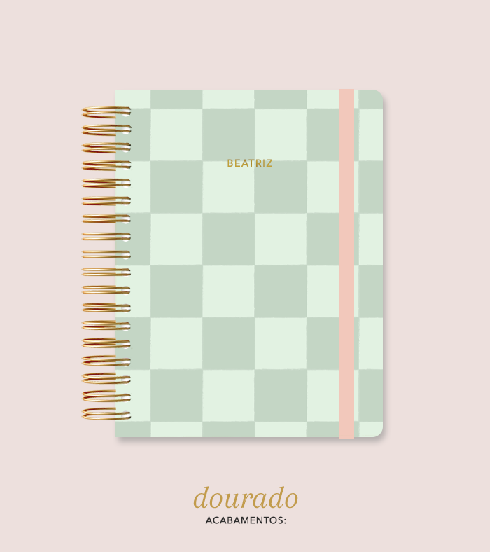 Capa + Espiral Colegial Verde Checkered | com Bolso e Divisórias