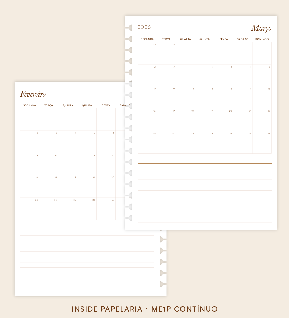Insert Planner - ME1P Mês em 1 Página (datado 2026 - meses contínuos) | 120g/m²