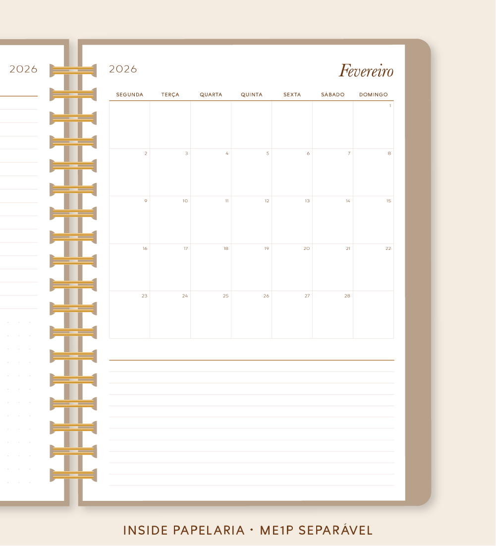 Insert Planner - ME1P Mês em 1 Página (datado 2026 - meses separáveis) | 120g/m²