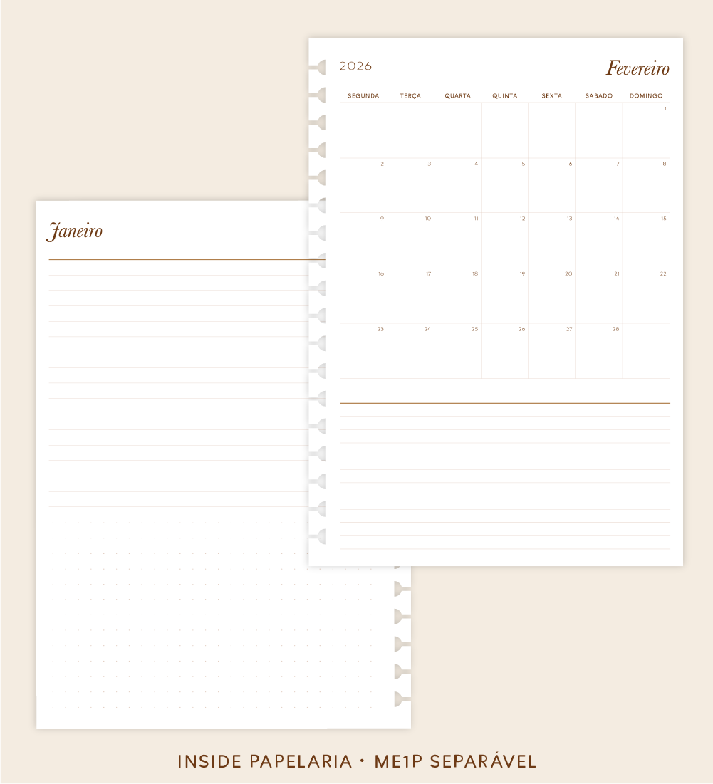 Insert Planner - ME1P Mês em 1 Página (datado 2026 - meses separáveis) | 120g/m²