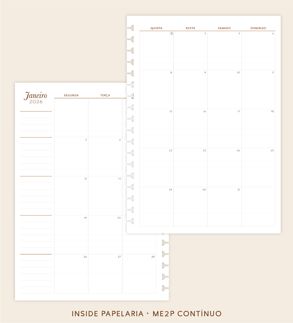 Insert Planner - ME2P Mês em 2 Páginas (datado 2026 - meses contínuos) | 120g/m²
