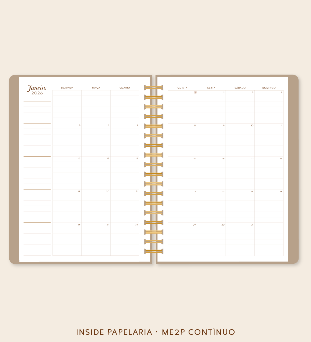 Insert Planner - ME2P Mês em 2 Páginas (datado 2026 - meses contínuos) | 120g/m²